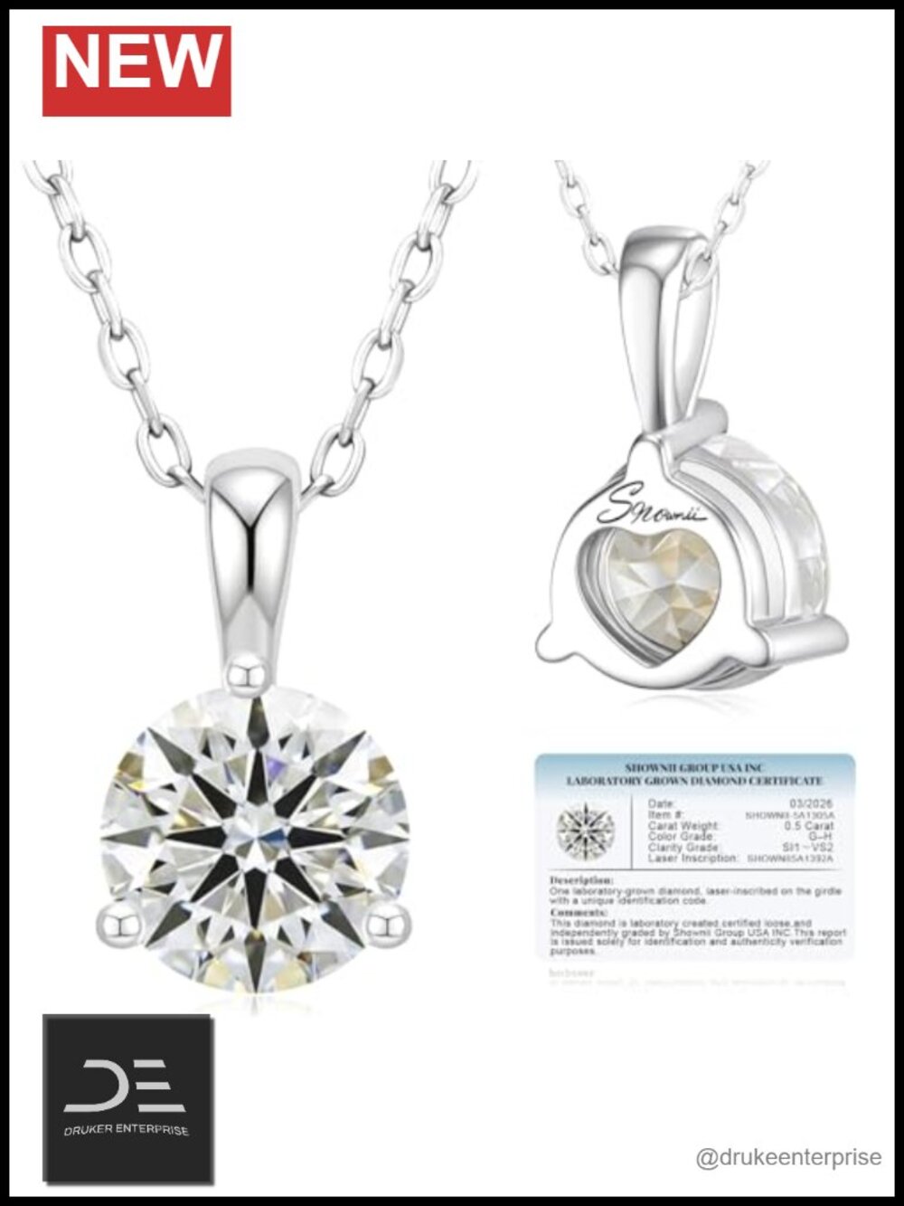 Lab Grown Diamond Solitaire Pendant Necklace 14K White Gold Plated S925 Silver